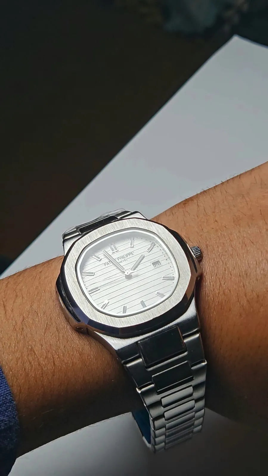 PATEK PHILLIPE SILVER WITH WHITE DIAL WITH DATE WORKING